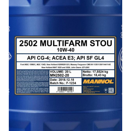 Mannol 2502-20 Multifarm STOU 10W-40 (10W40) motorolaj, 20lit