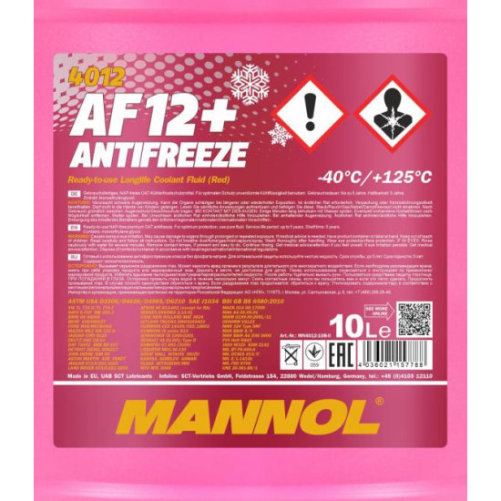 Mannol 4012-10 - AF12+ Coolant fagyálló, készre kevert, piros, 10lit, -40°C