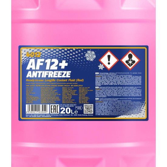 Mannol 4012-20 - AF12+ Coolant fagyálló, készre kevert, piros, 20lit, -40°C