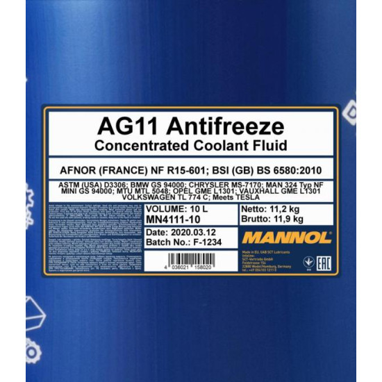 Mannol 4111-10 - AG11 Antifreeze fagyálló koncentrátum, kék, 10it.