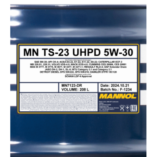 Mannol 7123-DR TS-23 UHPD 5W-30 motorolaj, 208 liter