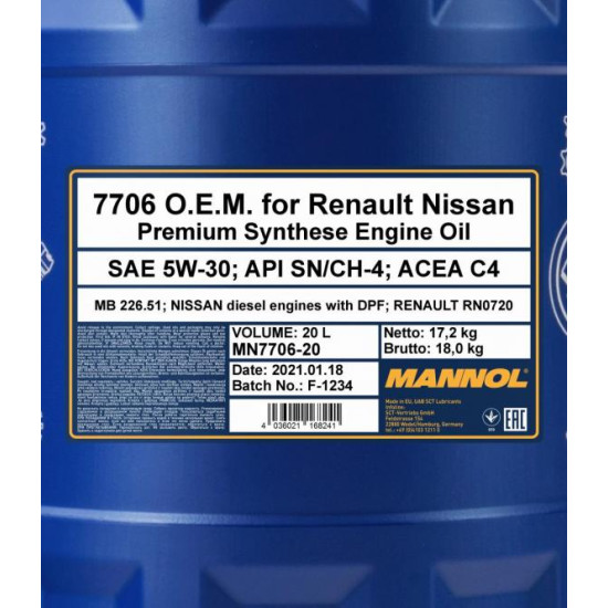 MANNOL 7706 Energy Formula RN 5W-30 20L MANNOL 7706 Energy Formula RN 5W-30 20L
