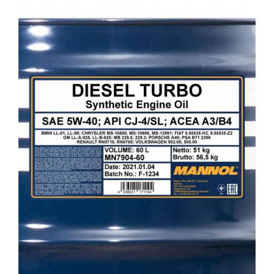 MANNOL 7904 DIESEL TURBO 5W-40 60 liter