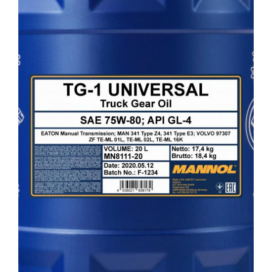 MANNOL 8111-20 TG-1 Universal 75W-80 GL-4 20 liter